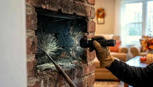 Technician inspecting a fireplace with a flashlight after nearby wildfire smoke in Oak Park